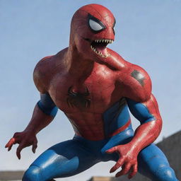 Spider-Man morphing into a T-Rex, mixing his characteristic red and blue suit with the mighty form and scale-laden skin of a T-Rex.