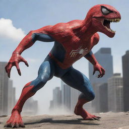 Spider-Man morphing into a T-Rex, mixing his characteristic red and blue suit with the mighty form and scale-laden skin of a T-Rex.