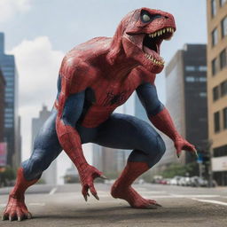 Spider-Man morphing into a T-Rex, mixing his characteristic red and blue suit with the mighty form and scale-laden skin of a T-Rex.