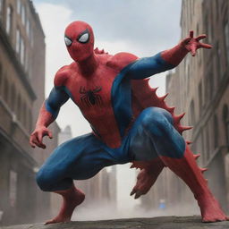 Spider-Man morphing into a Spinosaurus, merging his signature red and blue suit with the unique and mighty dinosaur form complete with a sail-like spine.