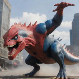 Spider-Man morphing into a Spinosaurus, merging his signature red and blue suit with the unique and mighty dinosaur form complete with a sail-like spine.