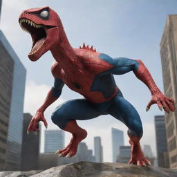 Spider-Man morphing into a Spinosaurus, merging his signature red and blue suit with the unique and mighty dinosaur form complete with a sail-like spine.