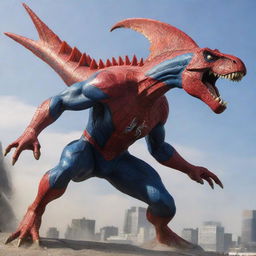 Spider-Man morphing into a Spinosaurus, merging his signature red and blue suit with the unique and mighty dinosaur form complete with a sail-like spine.