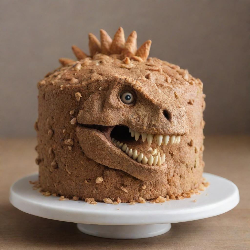 A Sesame cake shape-shifting into a dinosaur, transitioning from a textured, nutty treat to a ferocious prehistoric creature, maintaining a hint of sesame color and texture.