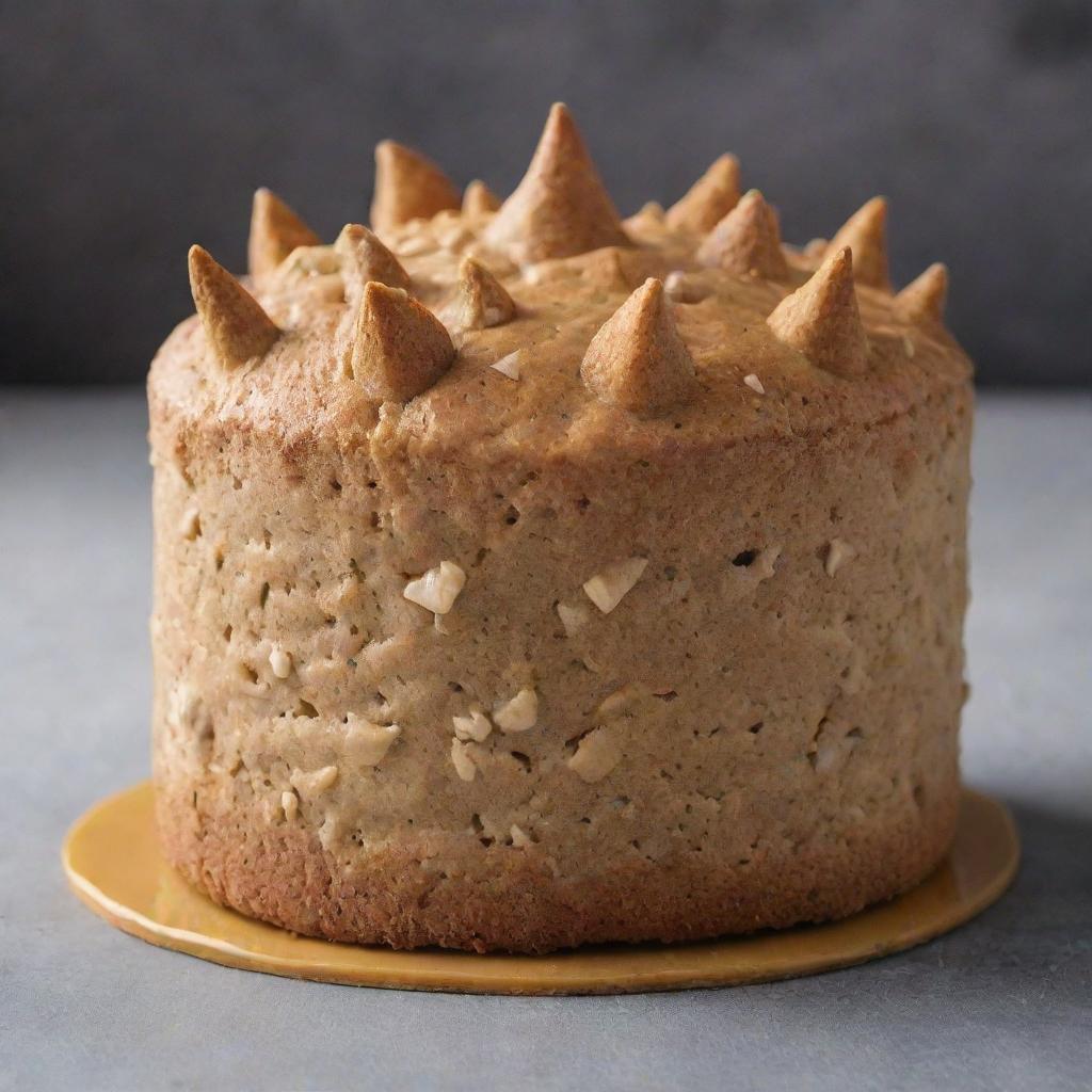 A Sesame cake shape-shifting into a dinosaur, transitioning from a textured, nutty treat to a ferocious prehistoric creature, maintaining a hint of sesame color and texture.