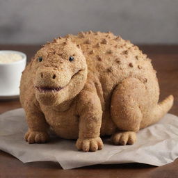 A Sesame cake shape-shifting into a dinosaur, transitioning from a textured, nutty treat to a ferocious prehistoric creature, maintaining a hint of sesame color and texture.