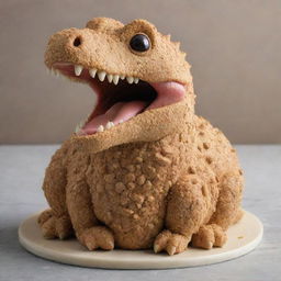 A Sesame cake shape-shifting into a dinosaur, transitioning from a textured, nutty treat to a ferocious prehistoric creature, maintaining a hint of sesame color and texture.