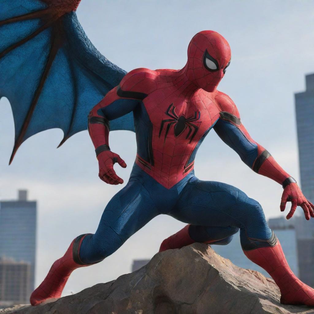 Spider-Man transforming into a Dragon, blending his characteristic red and blue suit with the powerful and mythical figure of a dragon, complete with scaling and wings.