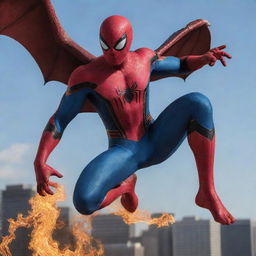 Spider-Man transforming into a Dragon, blending his characteristic red and blue suit with the powerful and mythical figure of a dragon, complete with scaling and wings.