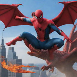 Spider-Man transforming into a Dragon, blending his characteristic red and blue suit with the powerful and mythical figure of a dragon, complete with scaling and wings.