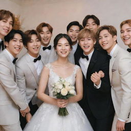 A radiant bride standing in a group with seven members of BTS, all of them looking joyful and in celebratory spirits.