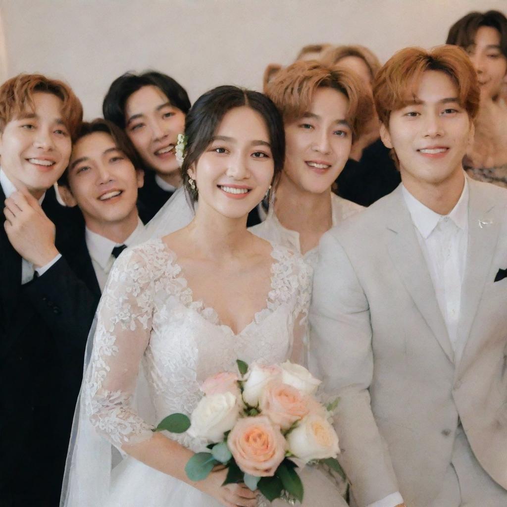 A radiant bride standing in a group with seven members of BTS, all of them looking joyful and in celebratory spirits.