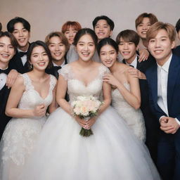 A radiant bride standing in a group with seven members of BTS, all of them looking joyful and in celebratory spirits.