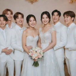 A radiant bride standing in a group with seven members of BTS, all of them looking joyful and in celebratory spirits.