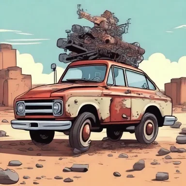 The resourceful main character of the cartoon fashioned a make-do vehicle out of scrap metal to escape the dangerous situation.
