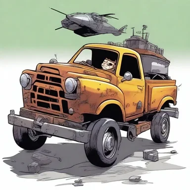 The resourceful main character of the cartoon fashioned a make-do vehicle out of scrap metal to escape the dangerous situation.