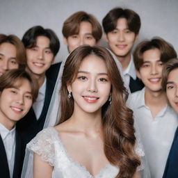 A portrait of a radiant bride with long brown hair, hazel eyes and fair skin, joyfully posing with the seven members of the BTS music group. She is strikingly beautiful.