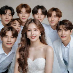 A portrait of a radiant bride with long brown hair, hazel eyes and fair skin, joyfully posing with the seven members of the BTS music group. She is strikingly beautiful.