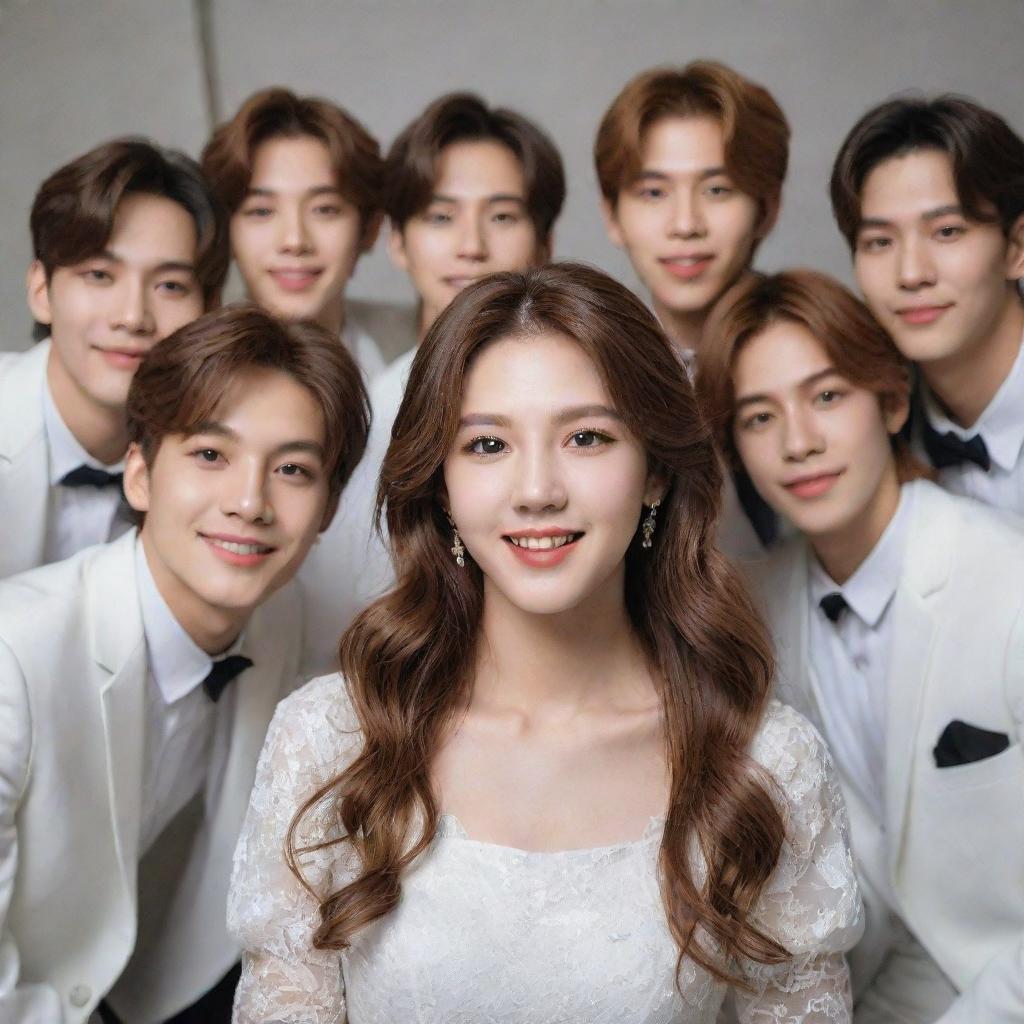 A portrait of a radiant bride with long brown hair, hazel eyes and fair skin, joyfully posing with the seven members of the BTS music group. She is strikingly beautiful.