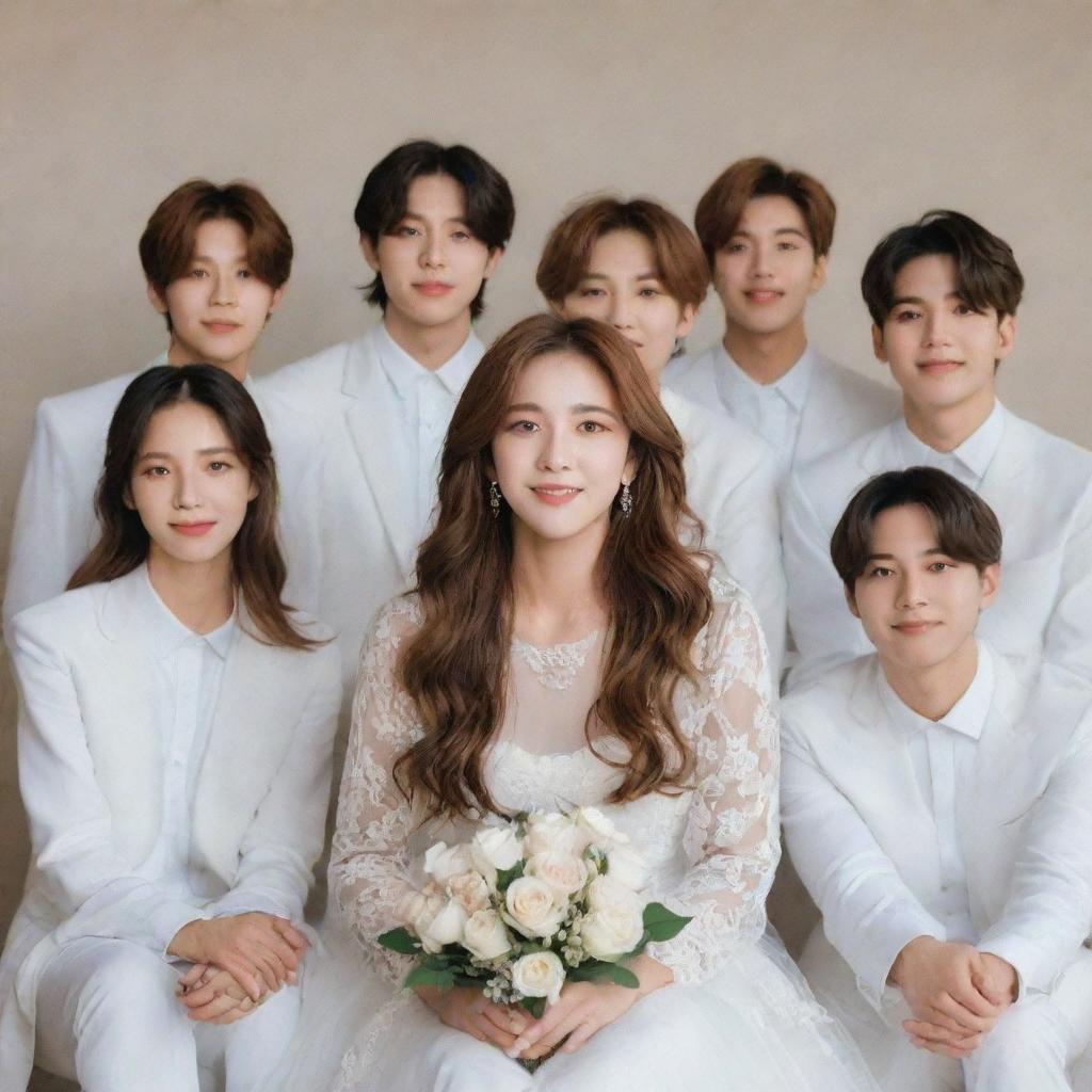 A portrait of a radiant bride with long brown hair, hazel eyes and fair skin, joyfully posing with the seven members of the BTS music group. She is strikingly beautiful.