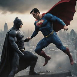 Superman and Batman in an intense battle, both showing off their iconic powers and costumes against a dramatic city backdrop.