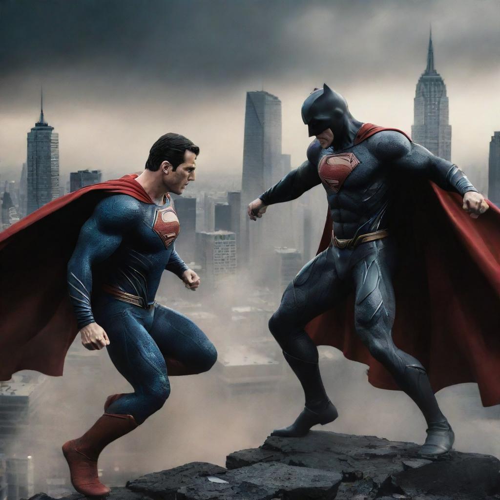 Superman and Batman in an intense battle, both showing off their iconic powers and costumes against a dramatic city backdrop.