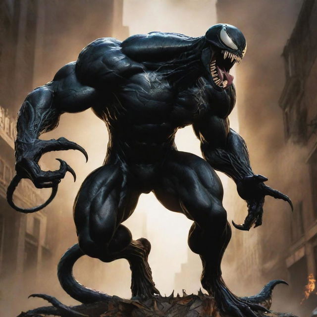 Venom, the Marvel antihero, infused with the majestic power of a dragon, radiating an aura of strength and majesty while retaining his recognizable, menacing form.