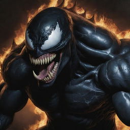 Venom, the Marvel antihero, infused with the majestic power of a dragon, radiating an aura of strength and majesty while retaining his recognizable, menacing form.