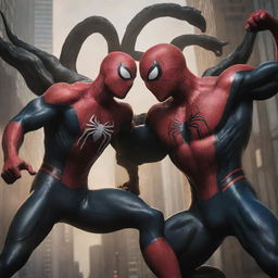 An epic showdown where Spider-Man, armed with the combined powers of all Marvel and DC characters, triumphantly defeats Venom, who has dragon-infused powers.