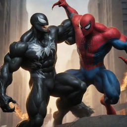 Revise the epic showdown to depict Venom, the Marvel antihero, infused with the power of a dragon and wielding three dragon tails, battling Spider-Man, who possesses the combined powers of all Marvel and DC characters.