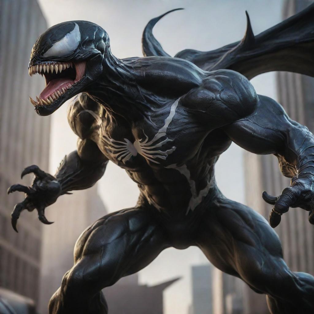 Revise the epic showdown to depict Venom, the Marvel antihero, infused with the power of a dragon and wielding three dragon tails, battling Spider-Man, who possesses the combined powers of all Marvel and DC characters.