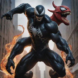 Revise the epic showdown to depict Venom, the Marvel antihero, infused with the power of a dragon and wielding three dragon tails, battling Spider-Man, who possesses the combined powers of all Marvel and DC characters.