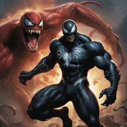 Revise the epic showdown to depict Venom, the Marvel antihero, infused with the power of a dragon and wielding three dragon tails, battling Spider-Man, who possesses the combined powers of all Marvel and DC characters.