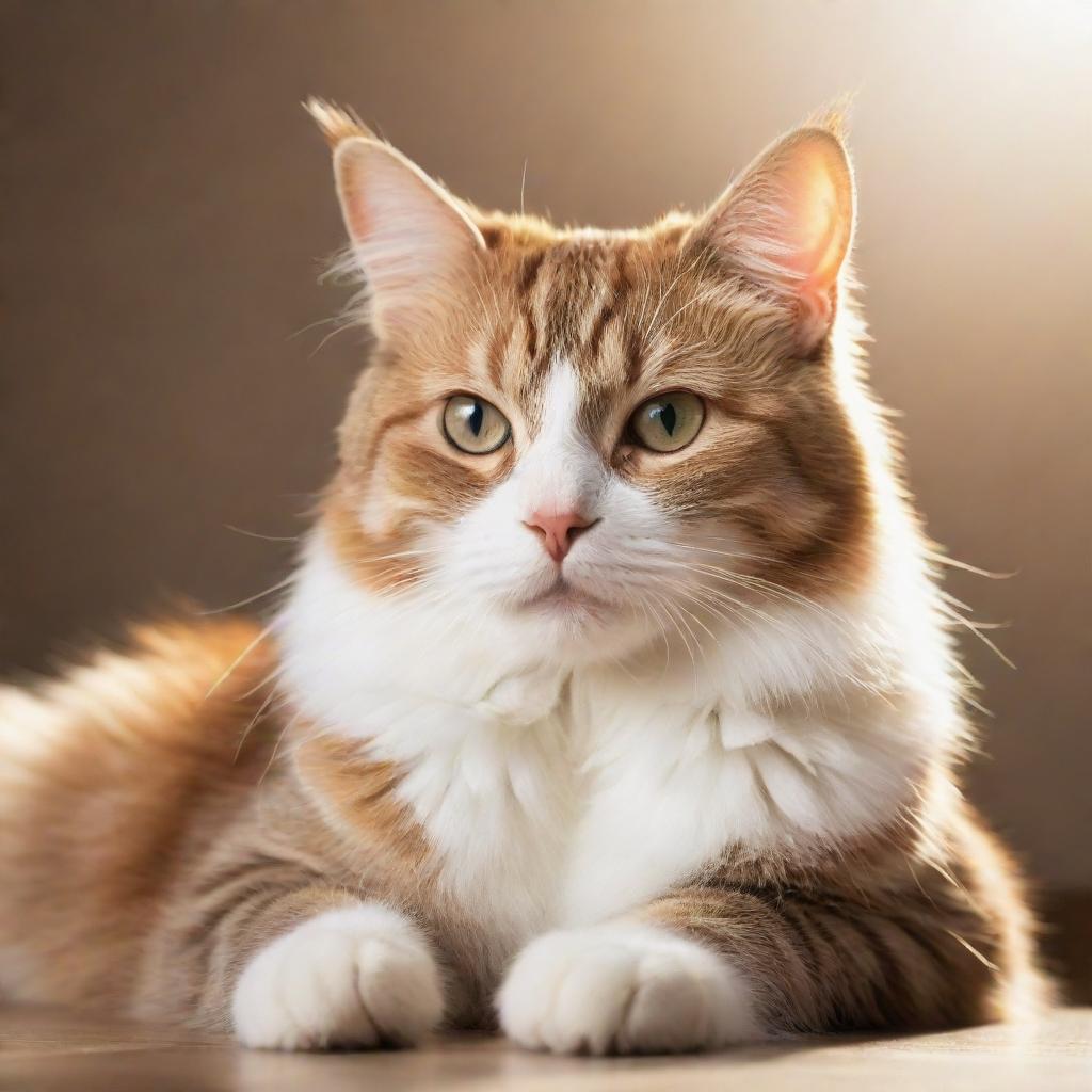 A cute, realistic cat in a relaxed pose with shiny fur reflecting soft sunlight.