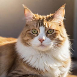 A cute, realistic cat in a relaxed pose with shiny fur reflecting soft sunlight.