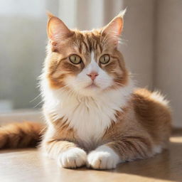 A cute, realistic cat in a relaxed pose with shiny fur reflecting soft sunlight.