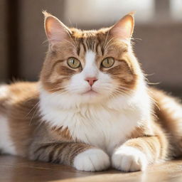 A cute, realistic cat in a relaxed pose with shiny fur reflecting soft sunlight.