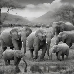 A vivid scene of real animals in their natural habitat, artistically rendered in a grayscale, black and white style