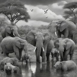 A vivid scene of real animals in their natural habitat, artistically rendered in a grayscale, black and white style