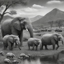 A vivid scene of real animals in their natural habitat, artistically rendered in a grayscale, black and white style