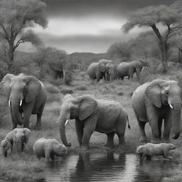 A vivid scene of real animals in their natural habitat, artistically rendered in a grayscale, black and white style