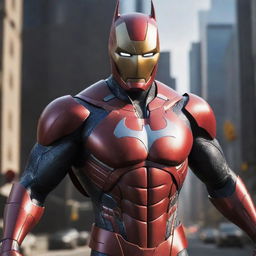 An impressive video game character blending the features of Batman, Ironman, and Spiderman. He possesses Batman's stealthy elegance, Ironman's high-tech armor, and Spiderman's agility, forming a truly unique superhero.