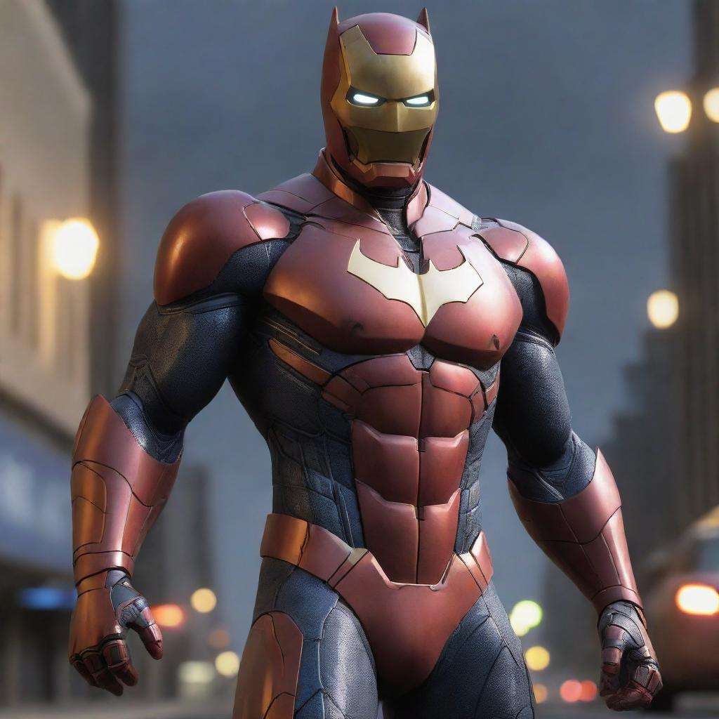 An impressive video game character blending the features of Batman, Ironman, and Spiderman. He possesses Batman's stealthy elegance, Ironman's high-tech armor, and Spiderman's agility, forming a truly unique superhero.