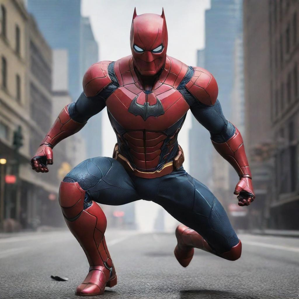 An impressive video game character blending the features of Batman, Ironman, and Spiderman. He possesses Batman's stealthy elegance, Ironman's high-tech armor, and Spiderman's agility, forming a truly unique superhero.