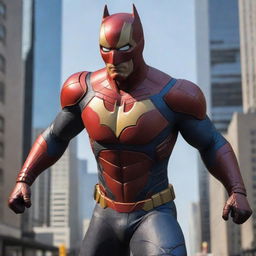 An impressive video game character blending the features of Batman, Ironman, and Spiderman. He possesses Batman's stealthy elegance, Ironman's high-tech armor, and Spiderman's agility, forming a truly unique superhero.