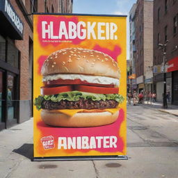 An eye-catching street-level POP advertising banner featuring a person holding a juicy hamburger. Incorporate a vivid graffiti backdrop, emphasizing a bustling city street atmosphere.