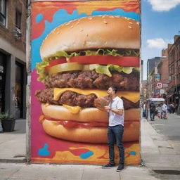 An eye-catching street-level POP advertising banner featuring a person holding a juicy hamburger. Incorporate a vivid graffiti backdrop, emphasizing a bustling city street atmosphere.