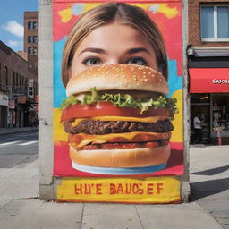 An eye-catching street-level POP advertising banner featuring a person holding a juicy hamburger. Incorporate a vivid graffiti backdrop, emphasizing a bustling city street atmosphere.