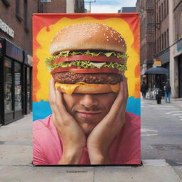 An eye-catching street-level POP advertising banner featuring a person holding a juicy hamburger. Incorporate a vivid graffiti backdrop, emphasizing a bustling city street atmosphere.