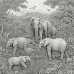 An intricate display of real animals in their natural habitats, converted to high-contrast, black and white outlines ideal for a coloring book